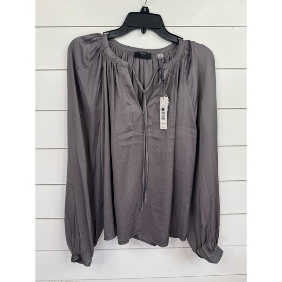 T TAHARI Women Size S Steel Grey V-Neck Tie Blouse Relaxed Fit Satin Peasant Top - Picture 2 of 8